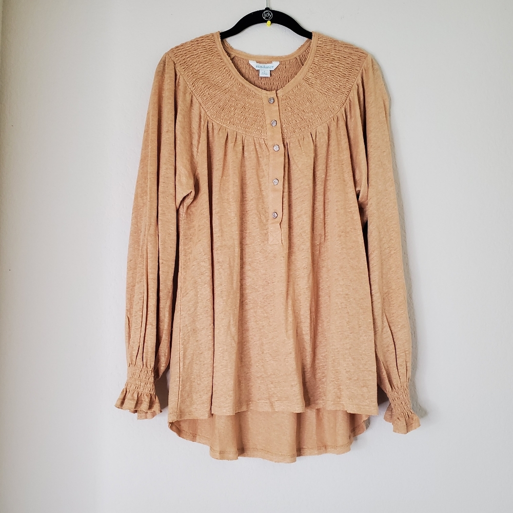 Sundance Catalog Beauty Days linen long sleeve top with smocked yoke detail Sz L